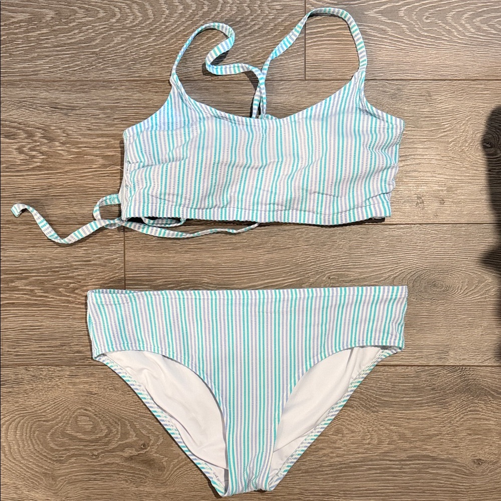 Xhilaration Blue and White Striped Bikini Set with Criss cross adjustable strap
